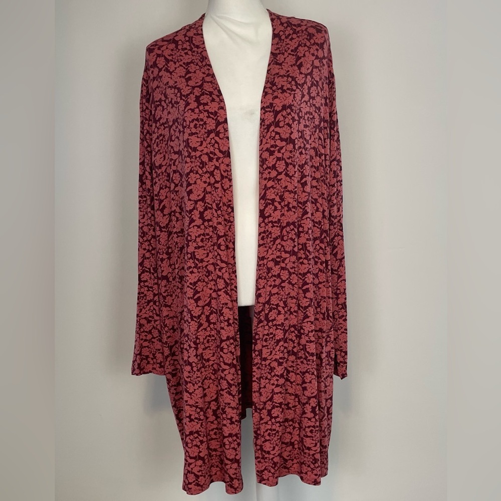 Lands End Red/Pink Floral Midi Length Open Front Cardigan. Plus Size 2X
